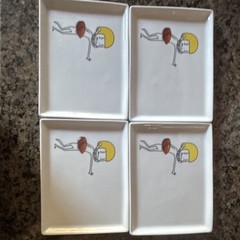 CB2 Set of 4 Square Ceramic Snack Plates Football Player 6in Glossy White