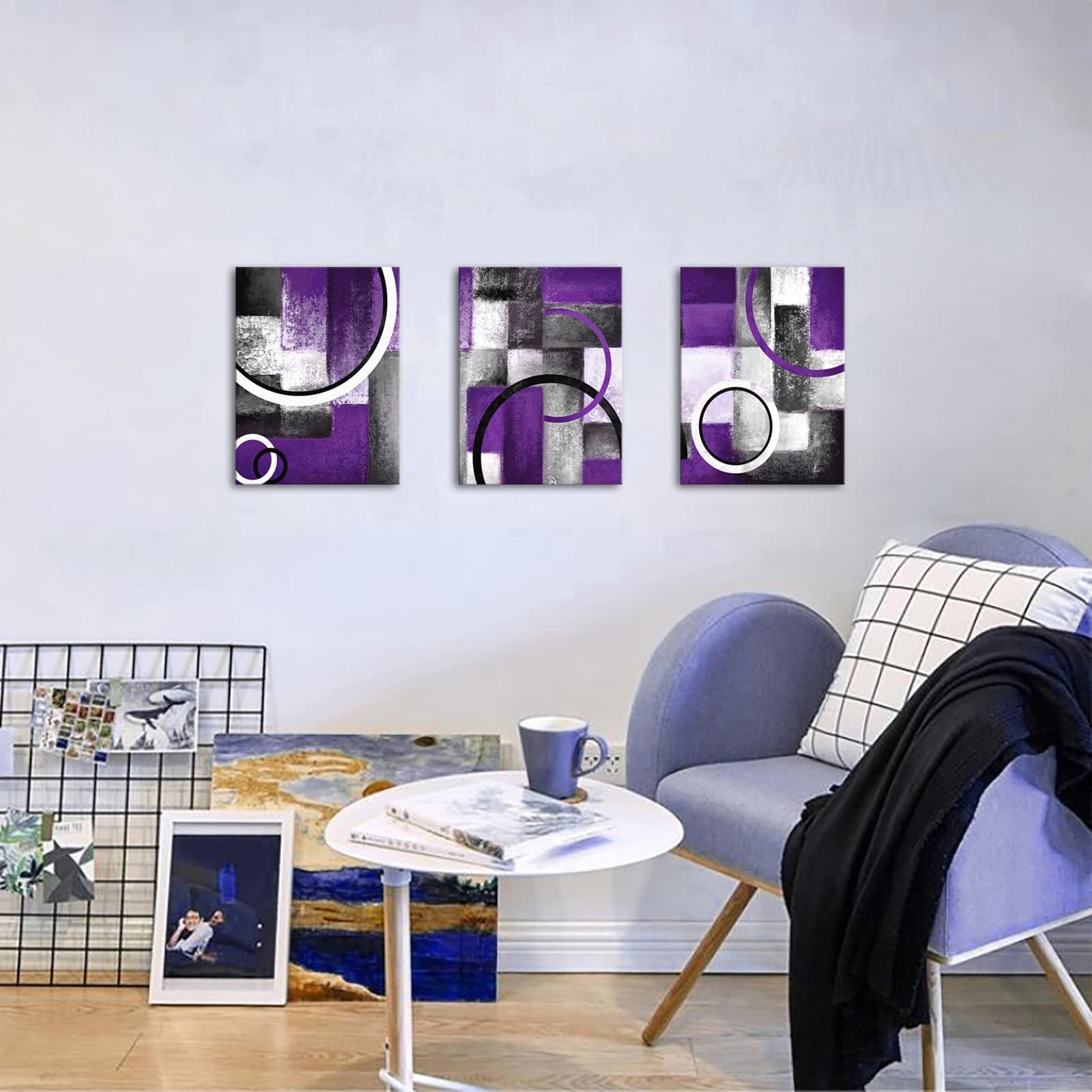 Rustic Abstract Geometric Circle Canvas Wall Art - Grey & Purple Prints for L... gallery