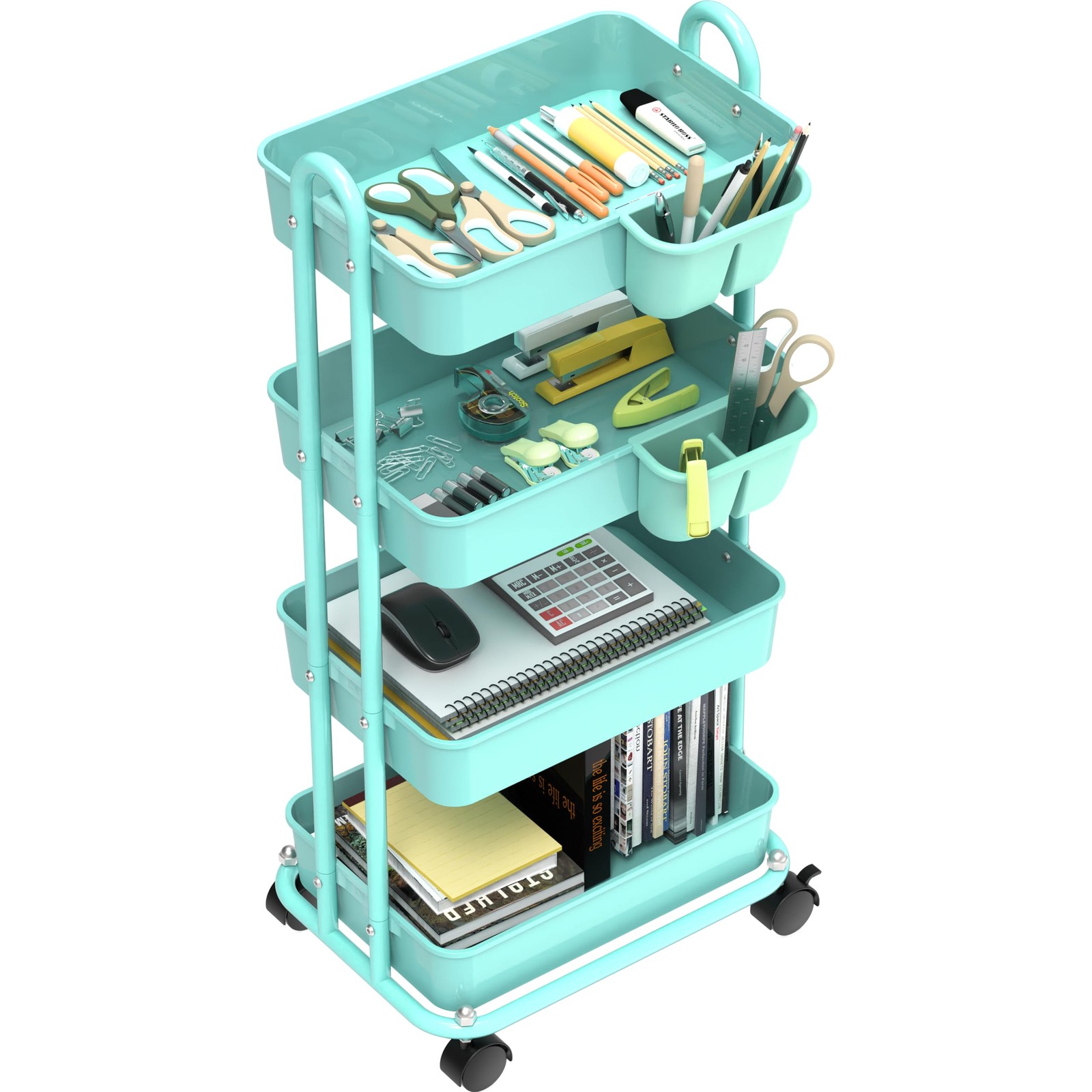 4-Tier Multifunctional Rolling Utility Cart with Hanging Buckets, Turquoise gallery