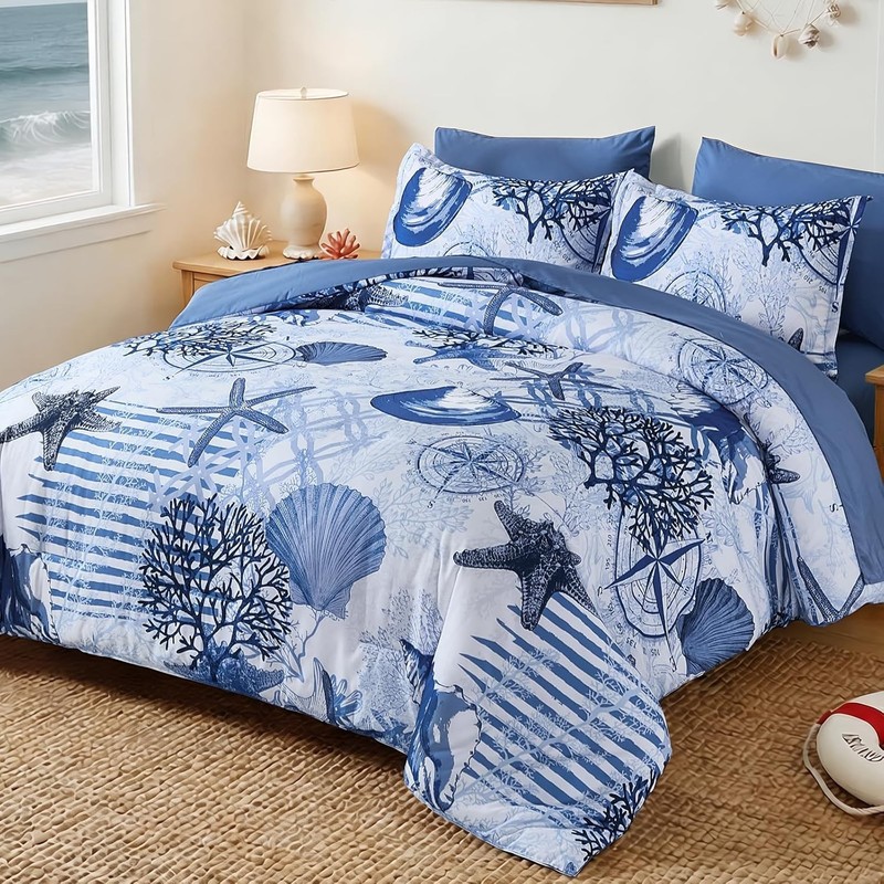 Coastal Comforter Set Queen Size, Beach Coral Themed Bed in a Bag, 7 Pieces O... gallery