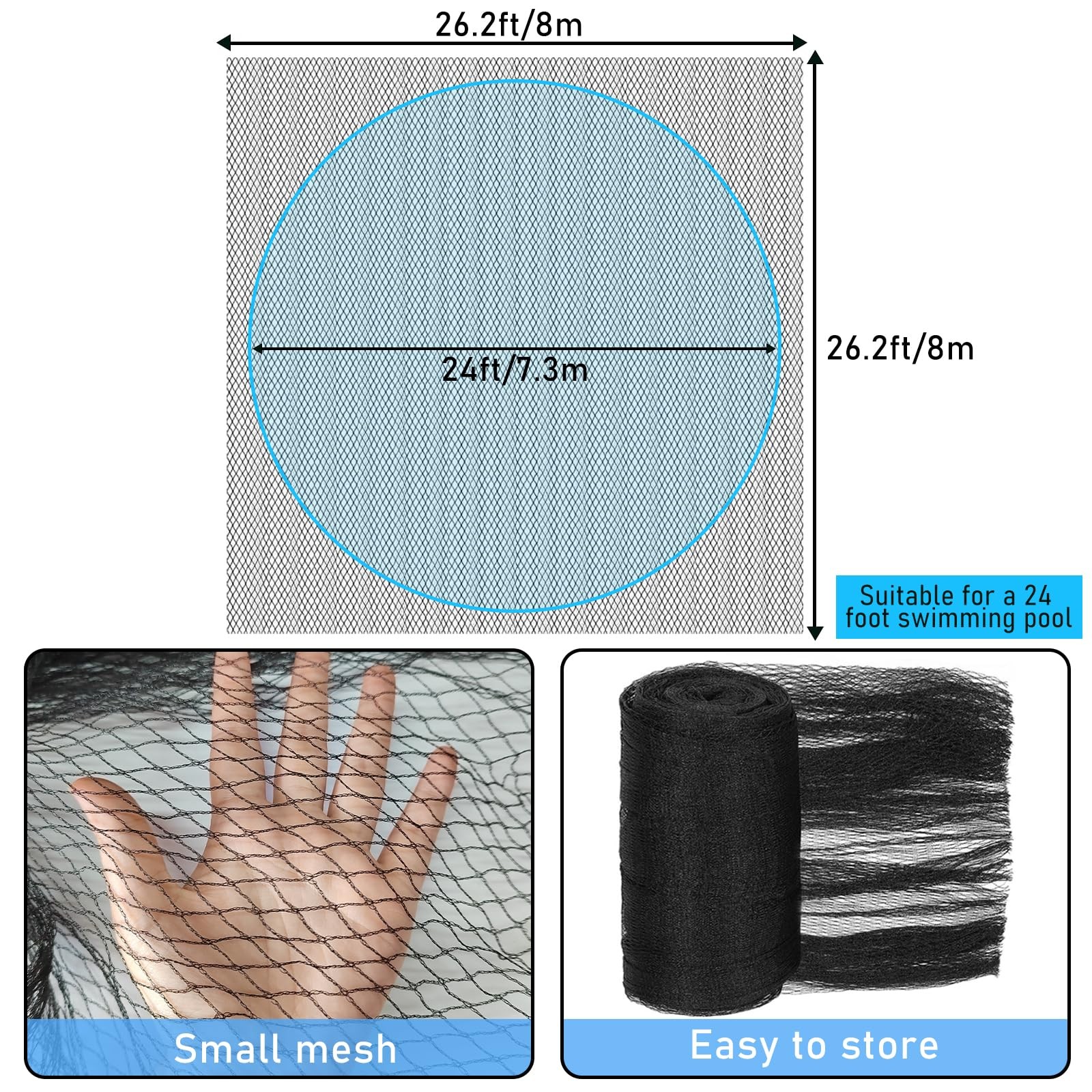 24 Feet Round Pool Leaf Net Cover for Above Ground Pool, Fit 24', BLACK gallery