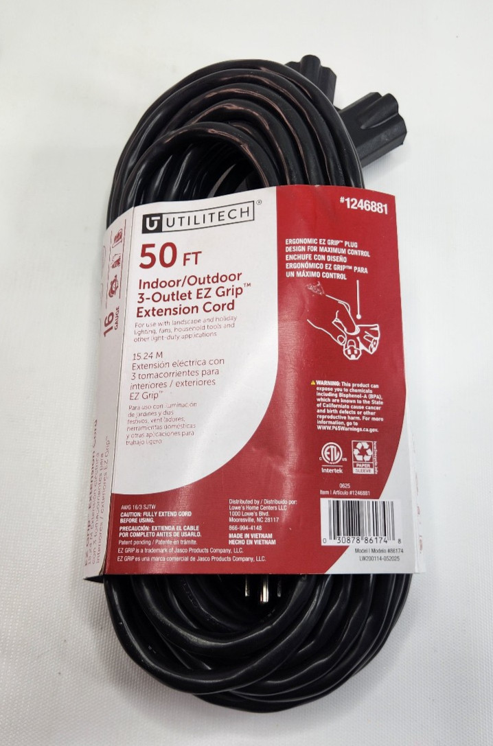 Utilitech 50ft 3 Outlet Extension Cord AWG 16/3 1246881 86174 Indoor Outdoor gallery
