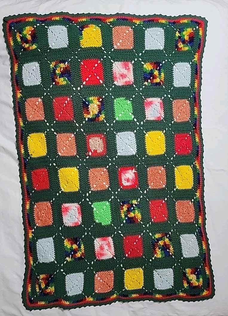 Crocheted Afghan, Handmade Granny Square, Primary Color Green, 36 X 52 gallery
