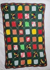 Crocheted Afghan, Handmade Granny Square, Primary Color Green, 36 X 52