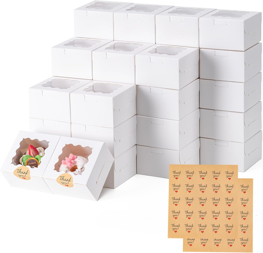 50Pcs Cookie Boxes with Window, 4X4X2.5 Inches Bakery Boxes with 50Pcs Stickers