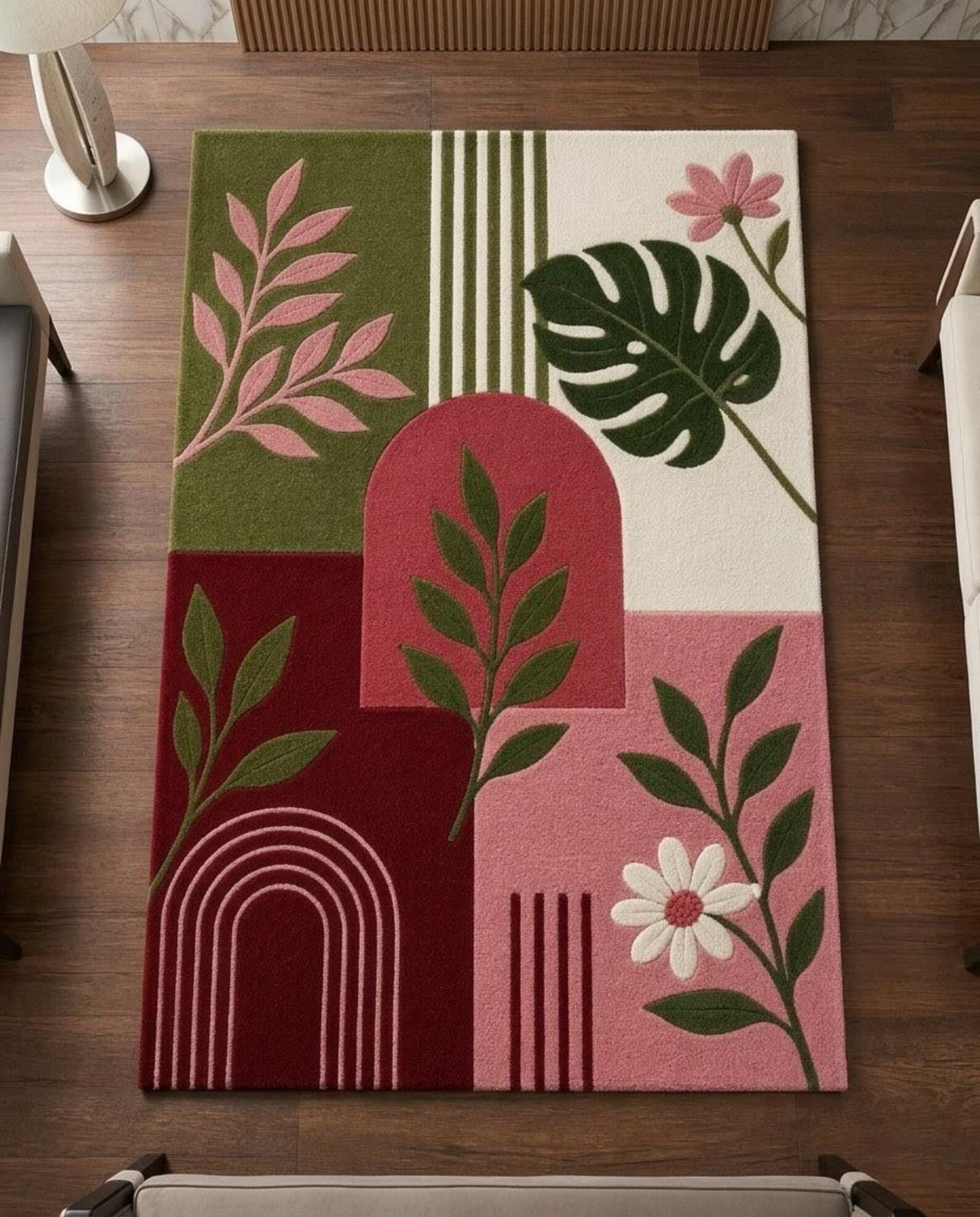 Modern Botanical Tufted Rug Handmade Wool Area Rug Pink Green Floral Carpet gallery
