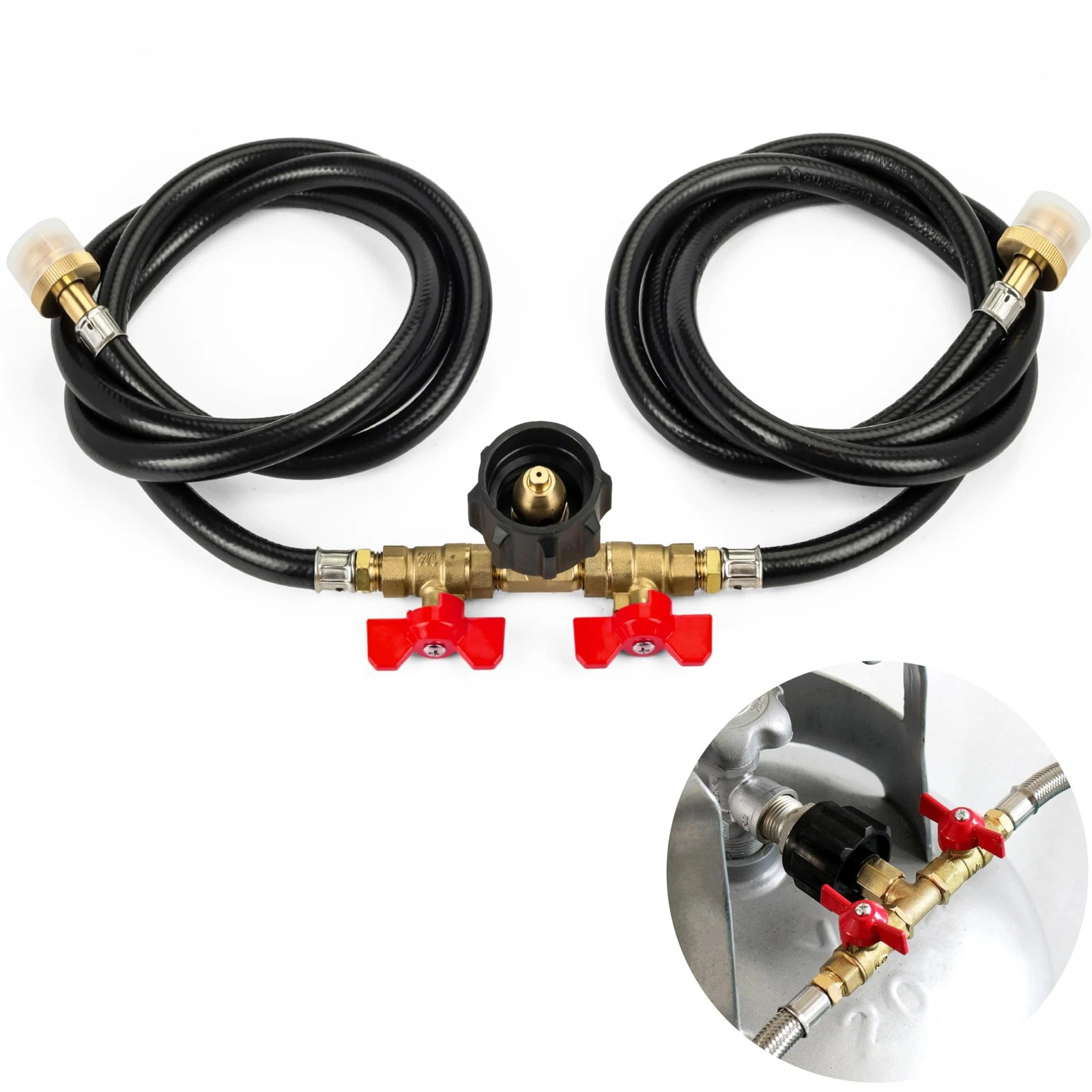 5FT Propane Splitter Hose 2 Way W/Shut Off Valve, Propane Hose Adapter for QCC1 gallery