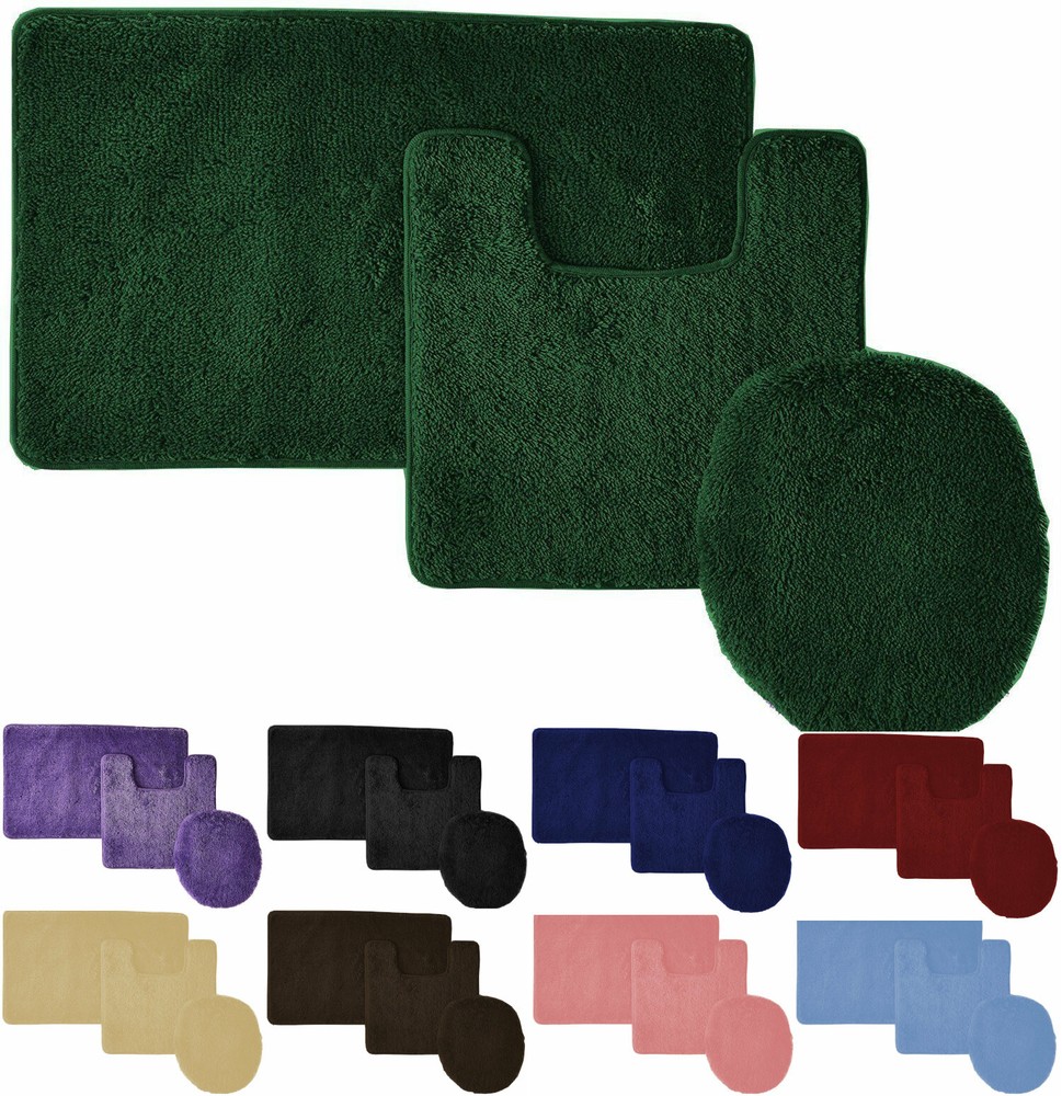 Solid 3-PC Bathroom Rug Set - Bath Mat + Contour Rug + Toilet Lid Cover