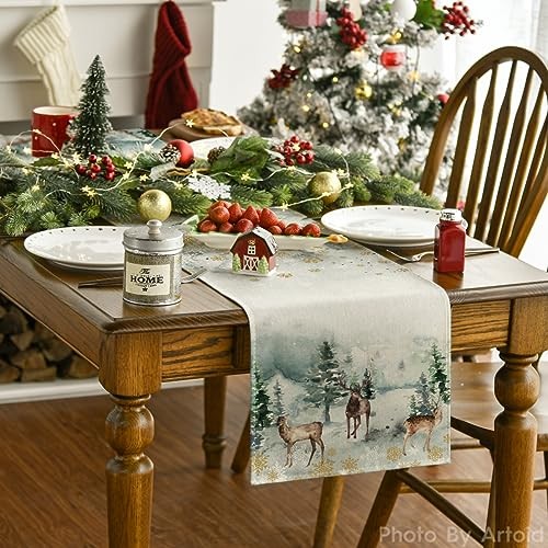 Watercolor Deer Trees Snowflakes Christmas Table 13" x 90", Table Runner Green gallery