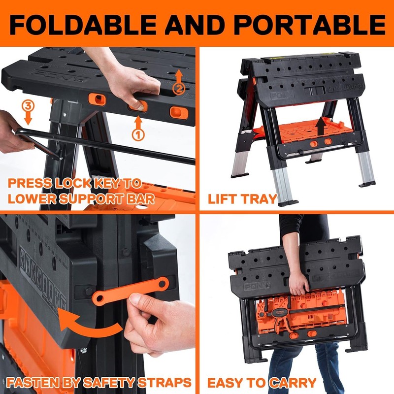 Pony Portable 2-in-1 Folding Work Table Workbench Sawhorse 1000lbs Load Capacity gallery