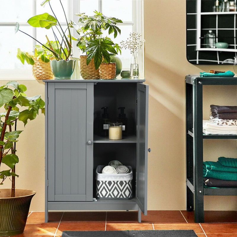 Bathroom Floor Storage Cabinet Double Door Kitchen Cupboard Shoe Cabinet Grey gallery