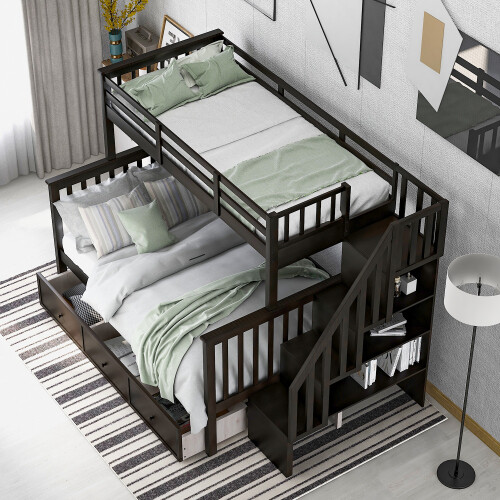 Twin Over Full Bunk Beds with Storage Drawers & Stairs Wood Platform Bed Frames gallery