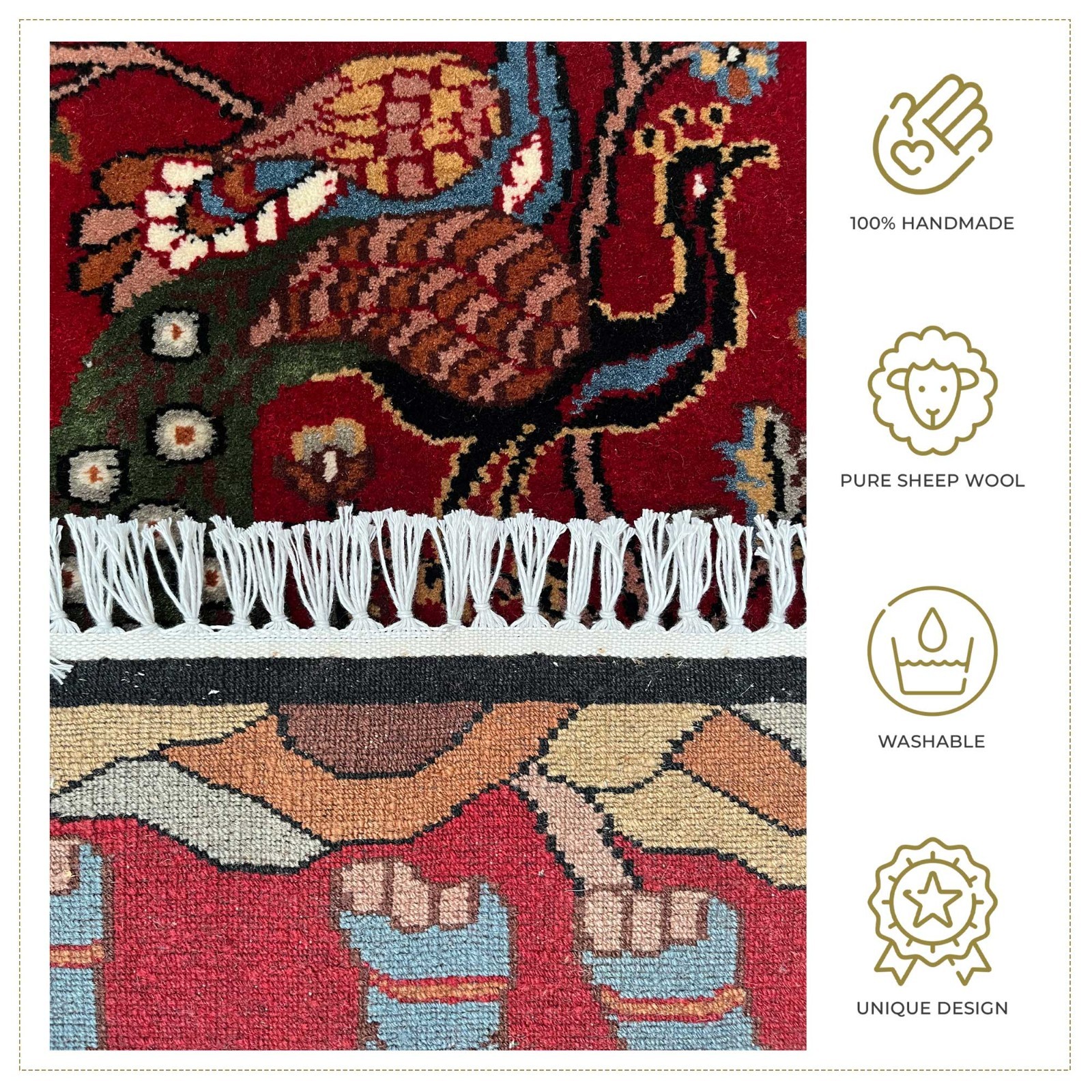 2x3 ft Hand Knotted Woolen Rug Pictorial Elephant Peacock (Red) gallery