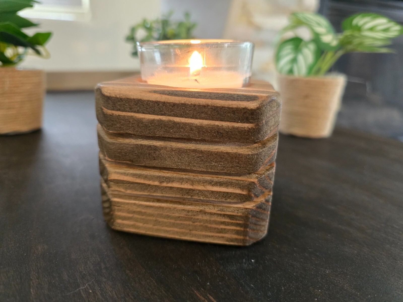 Handmade Rustic Reclaimed Wood Votive Candle Holder Dark Walnut Stain USA Made gallery