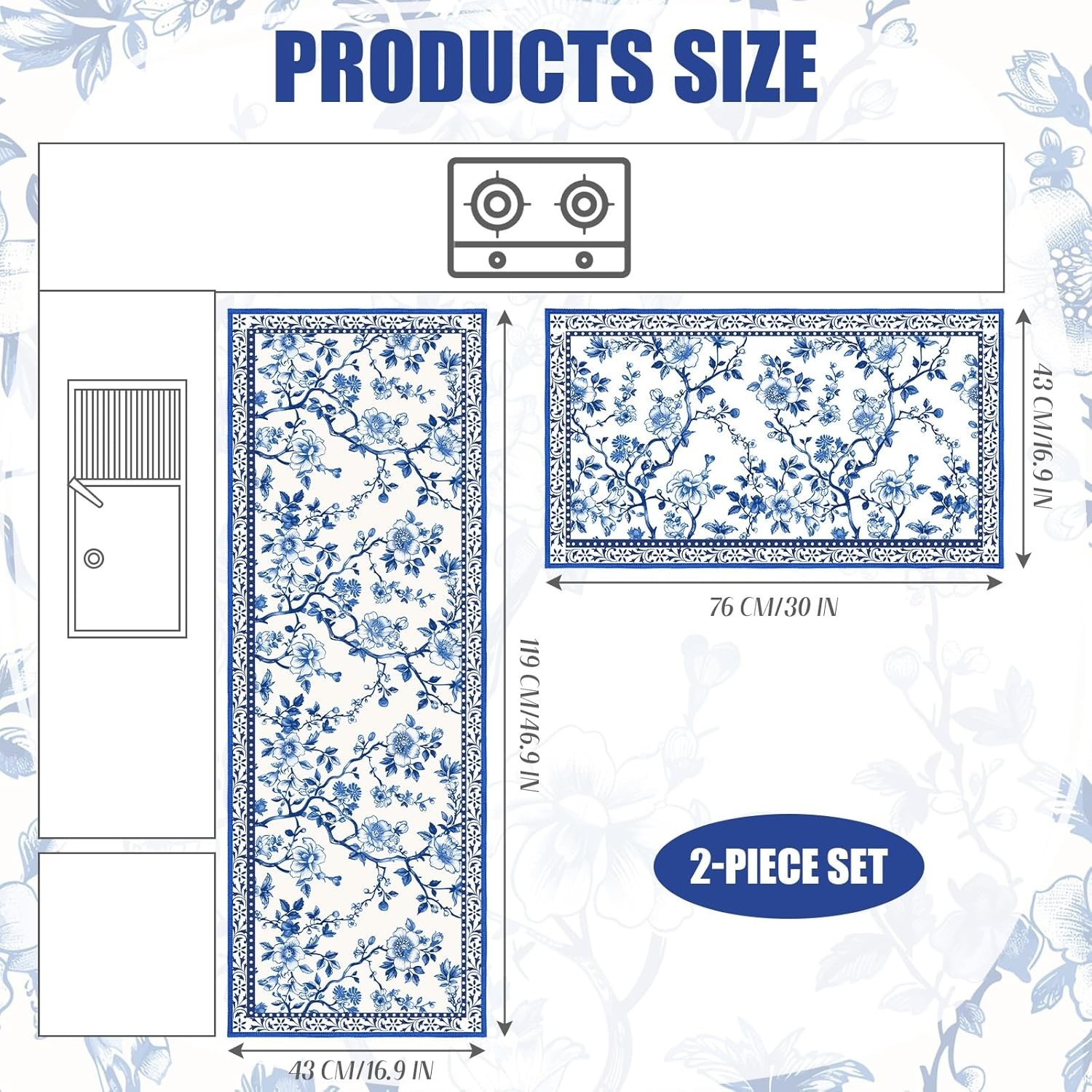 2 Pcs and White Chinoiserie Kitchen Mat Floral Rugs Washable Cute Blue gallery