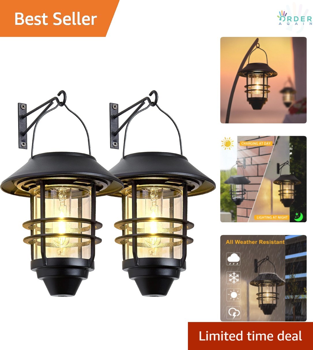 Solar Lantern Outdoor Lights Waterproof Hanging Wall Mount Garden Fence 2 Pack gallery