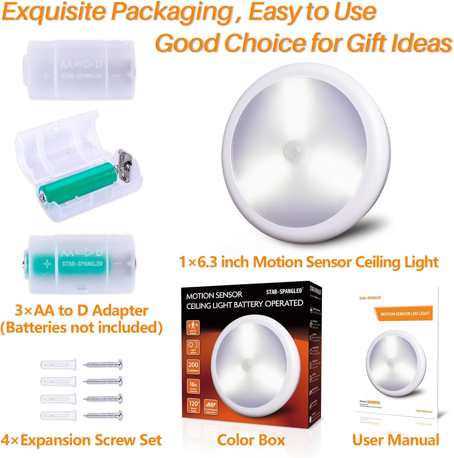 6.3” Motion Sensor Ceiling Light Indoor AA or D-Cell Battery Operated for Hal... gallery