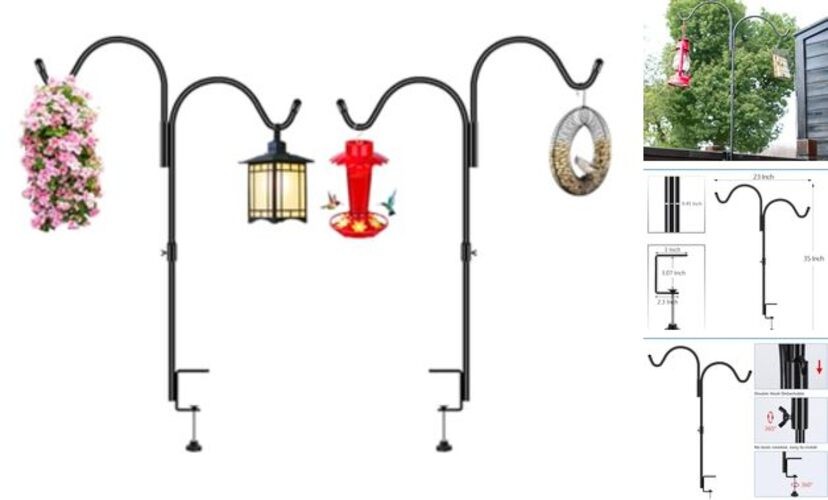 35 Inch 2 Pack Double Deck Hook for Railing, Deck Bird Feeder Pole with 3 gallery