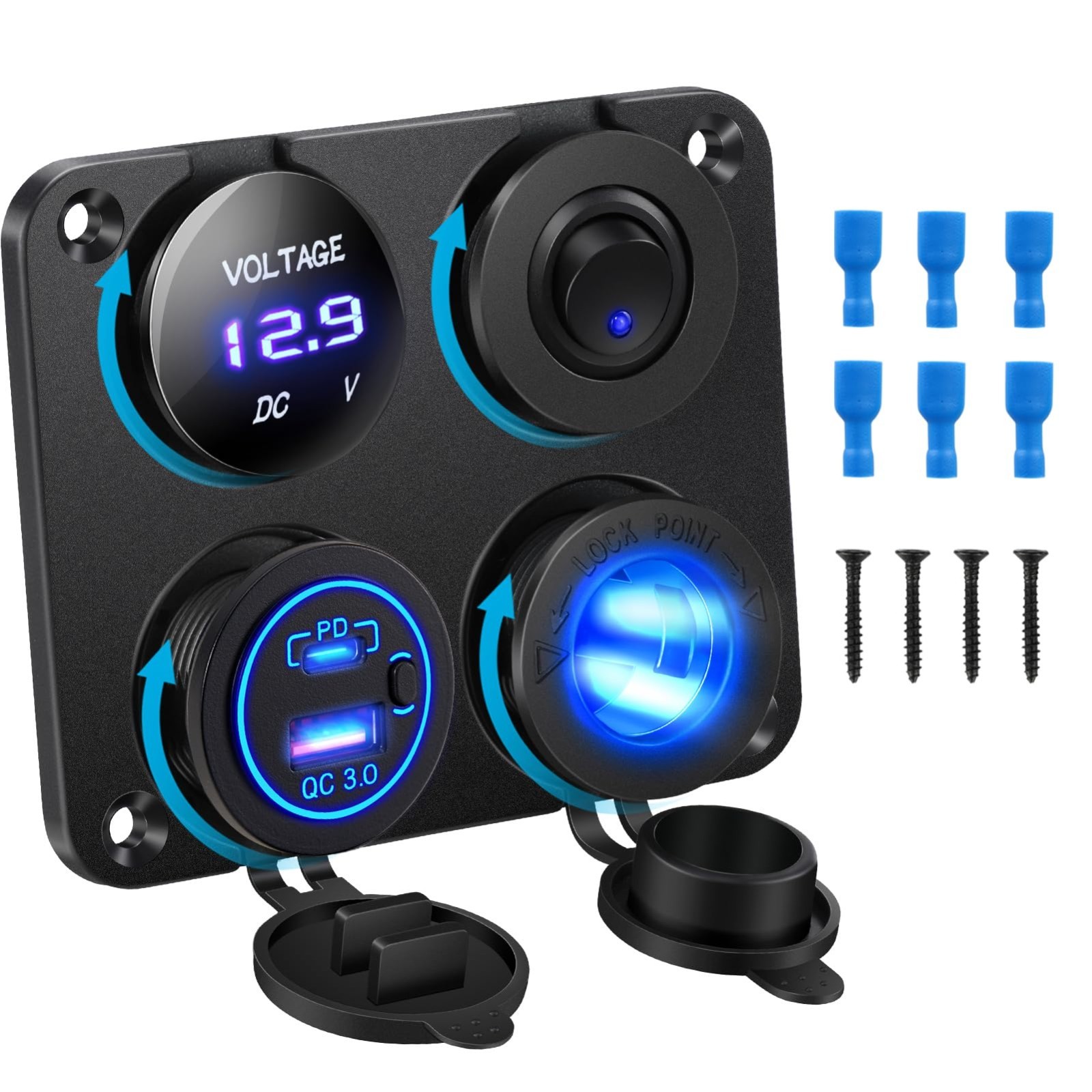 12V USB Outlet with Switch, 4-in-1 Waterproof Marine Socket Panel, QC3.0 & Type gallery