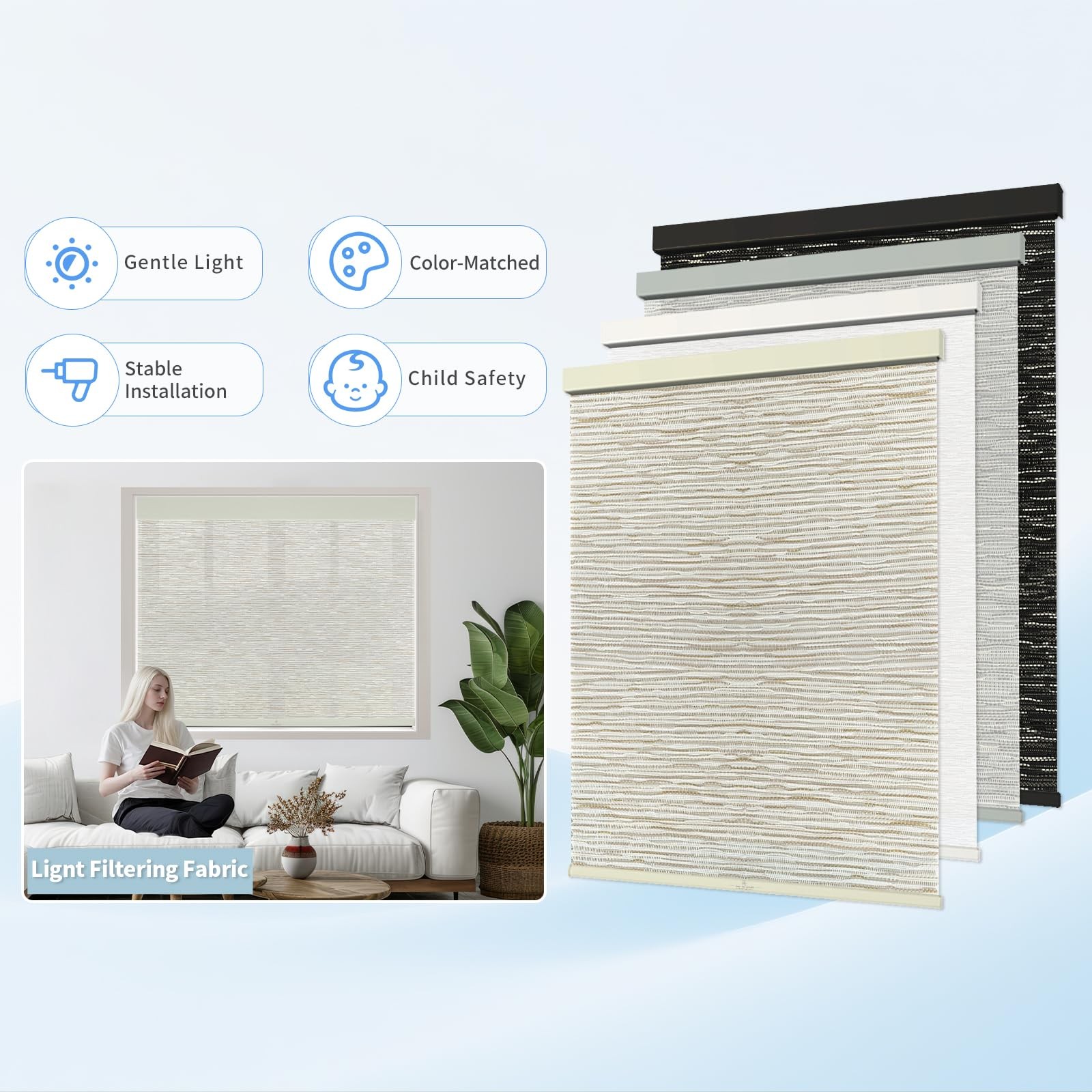 35" W x 72" H Cordless Light Filtering Roller Shade for Windows, Stop Windows... gallery