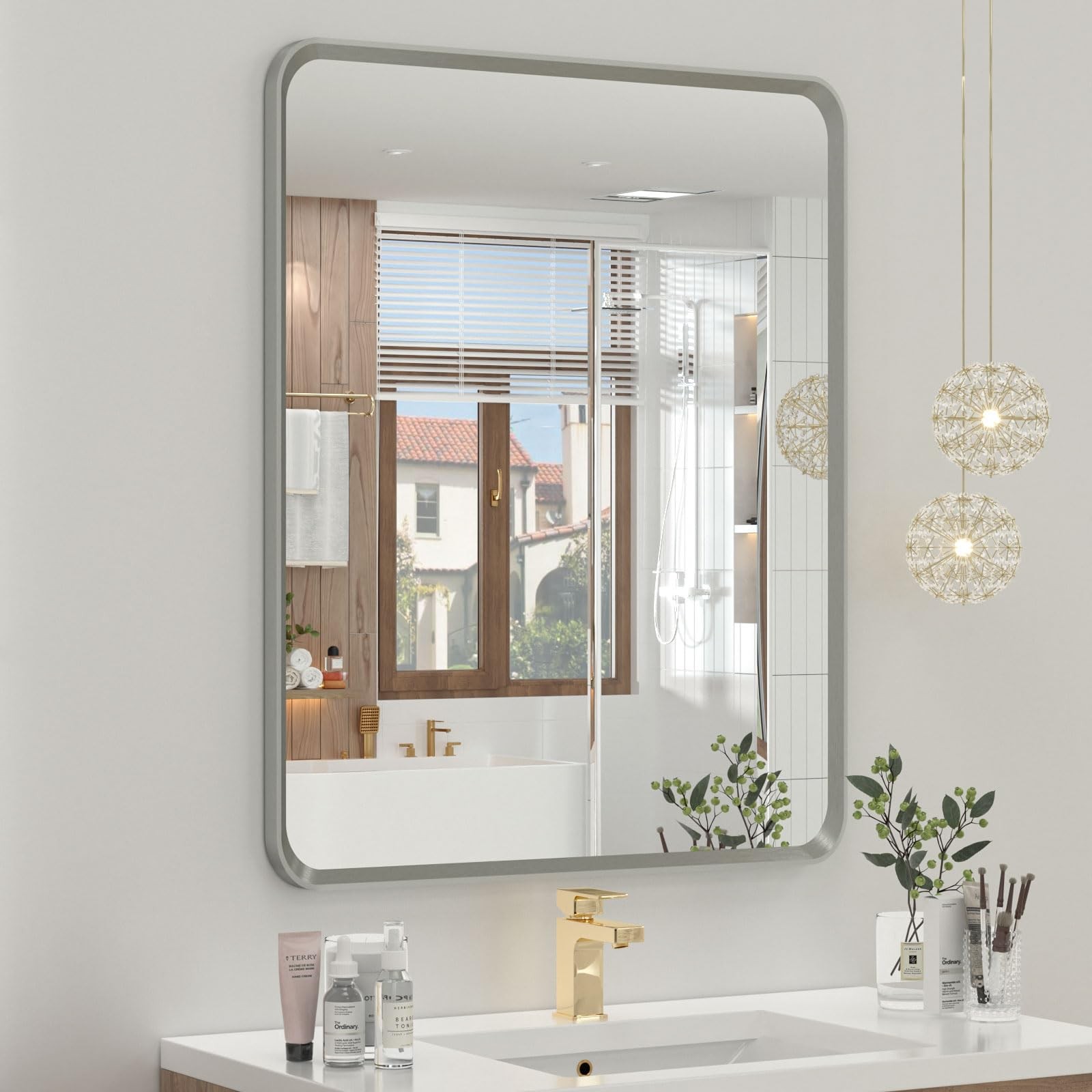 20 x 24 Inch Brushed Nickel Bathroom Mirrors, Rounded Rectangle Silver Bathro... gallery