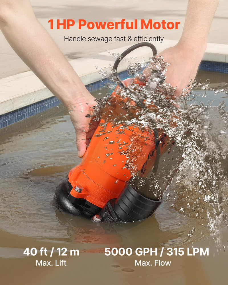 VEVOR 1 HP Submersible Trash Pump, 5000 GPH, 120V Cast Iron Submersible Sump Sew