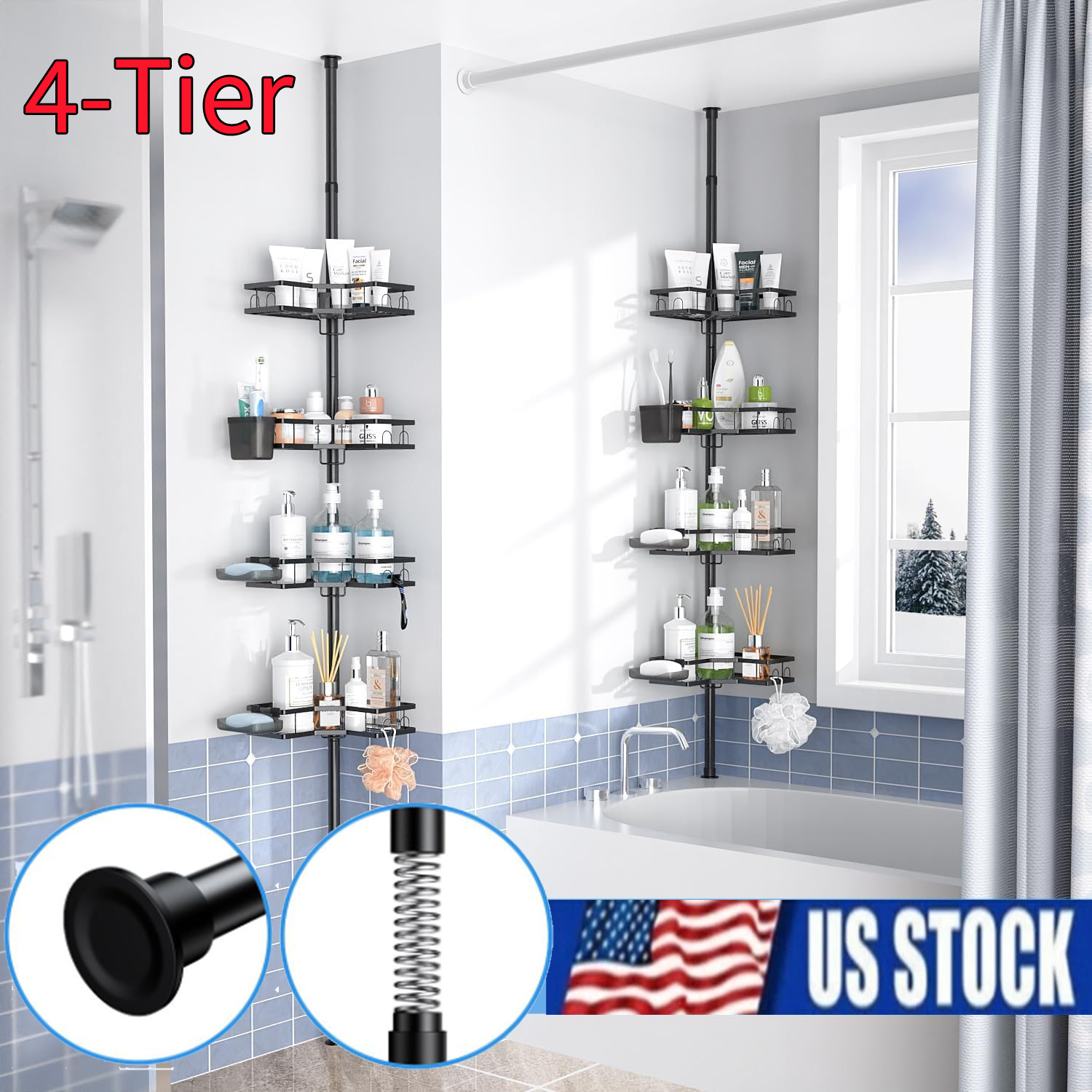 Corner Shower Caddy Tension Pole: 4-Tier Adjustable Rustproof Bathroom Organizer gallery