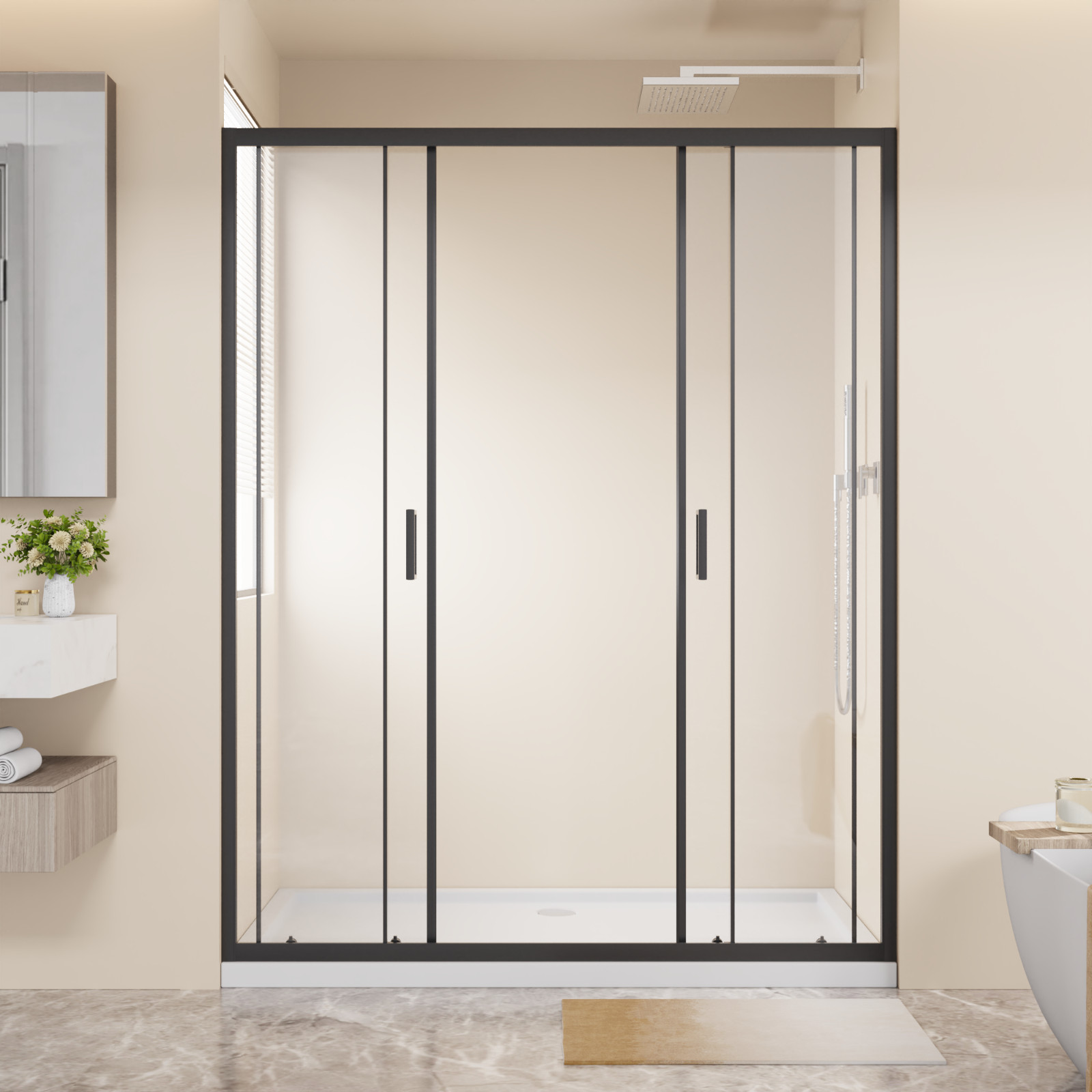 60"x72" 4-Panel Center Opening Double Sliding Shower Door, 6mm Tempered Glass gallery