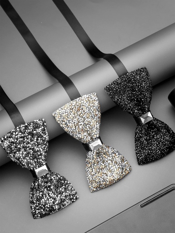 3 Pieces Rhinestone Bow Ties for Men Pre-tied Bow Black Black Silver Silver gallery