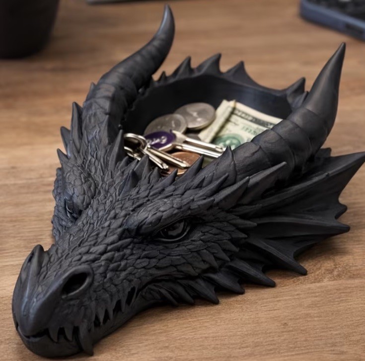 Black 3D Printed Dragon Head Catchall Bowl. Jewelry, Dice Holder. Fantasy. gallery
