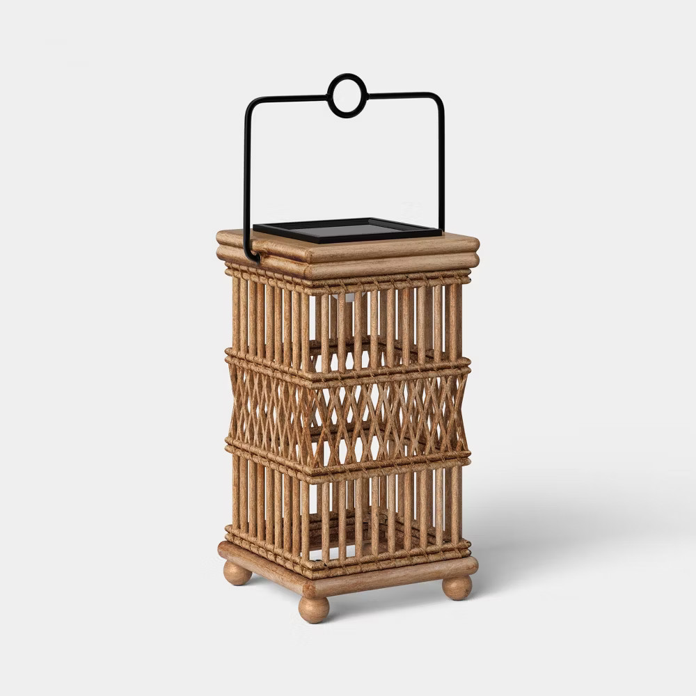 Open Weave Battery/Solar LED Outdoor Small Lantern Beige - Threshold gallery