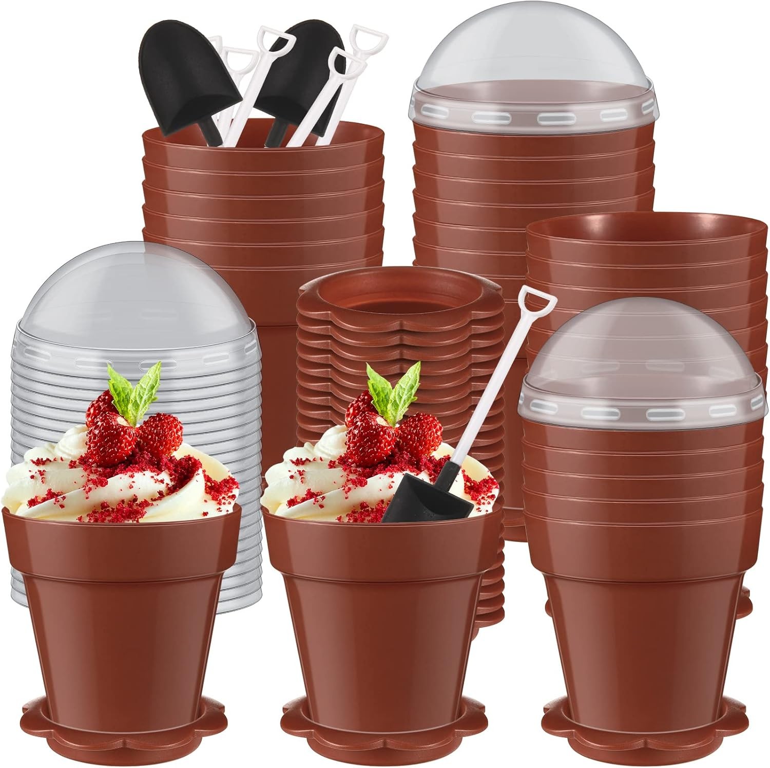 100 Pack Flowerpot Dessert Cup Plastic Cake Cups W/ Lid Shovel Spoon Bottom Tray gallery