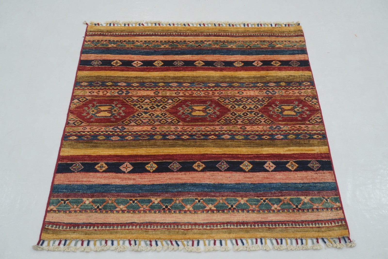 3x3 ft Multicolor Khorjin Afghan Hand Knotted Wool Tribal Small Square Rug gallery