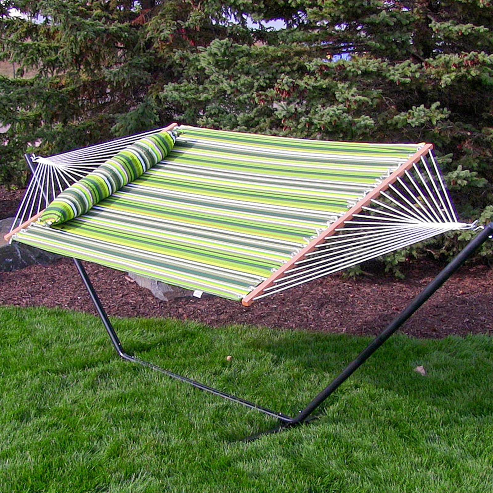 Large Quilted Hammock with Spreader Bar and Pillow - Melon Stripe by Sunnydaze gallery