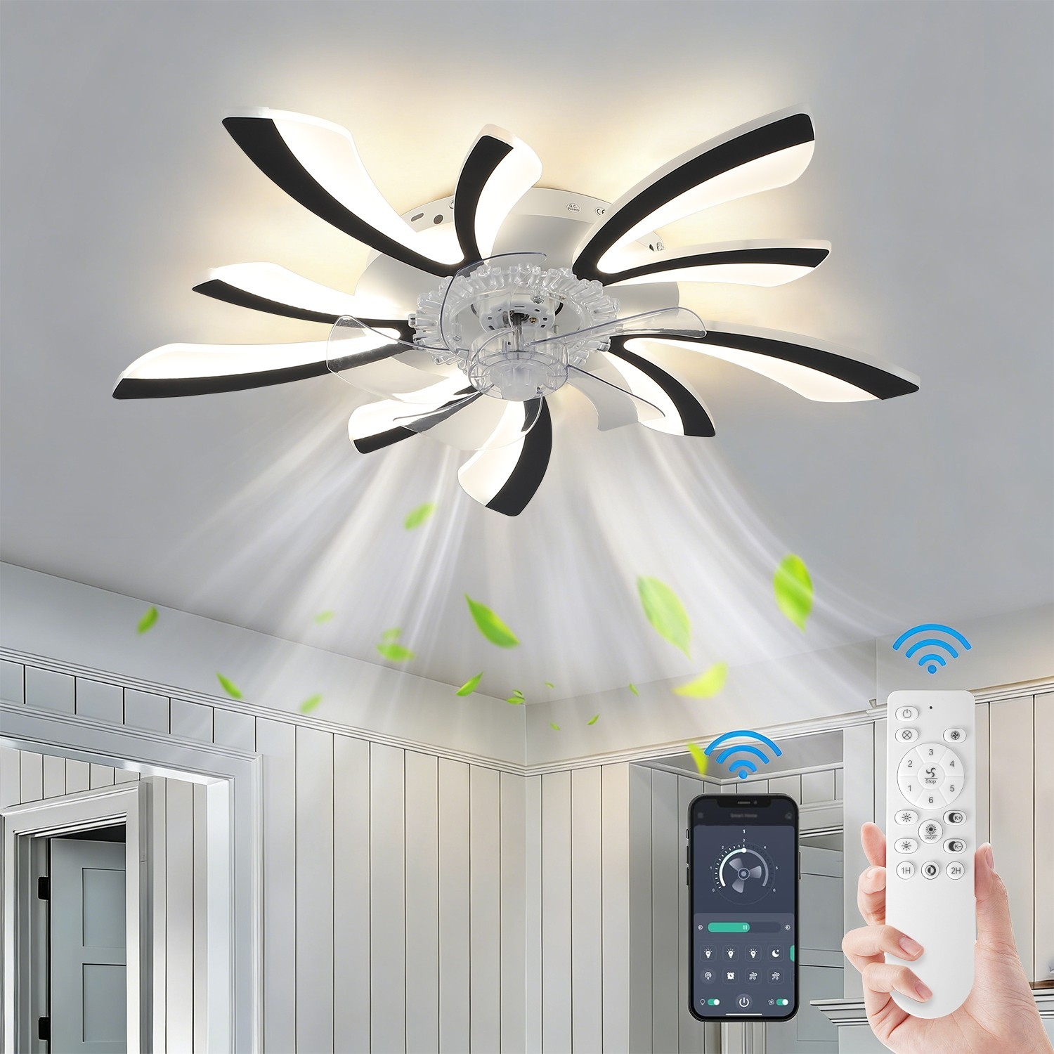 30" Black Ceiling Fan with LED Light – Dimmable, Flush Mount, Remote & APP gallery