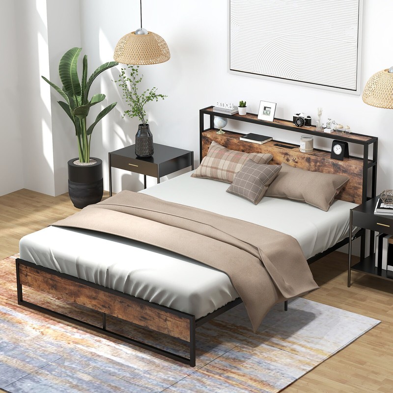 Queen Size Industrial Platform Bed Frame with Charging Station Storage Headboard gallery