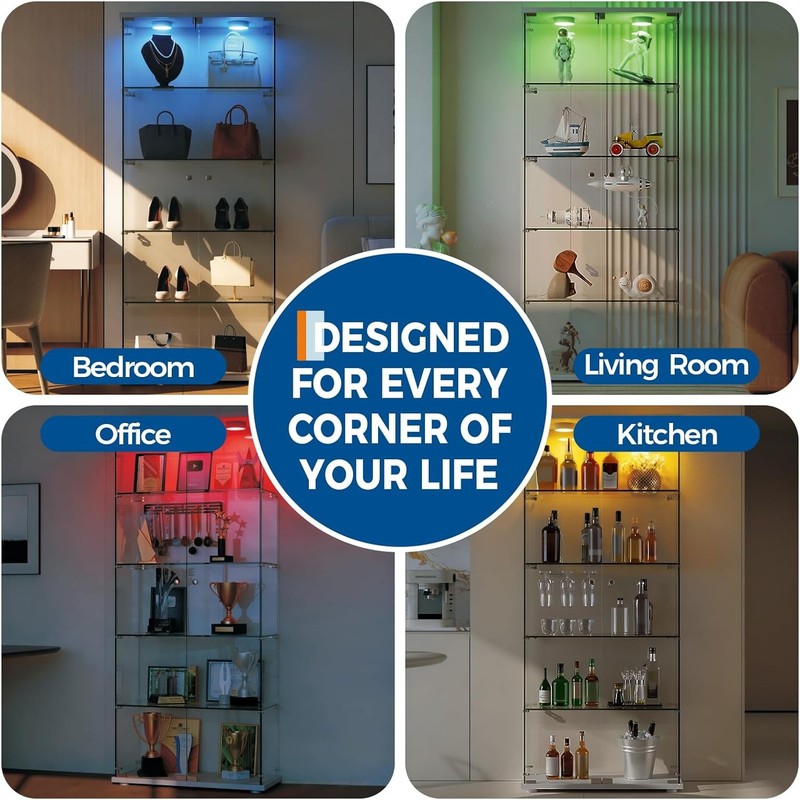 5 Shelves Display Cabinet, Tempered Glass Curio Showcase with LED Light & Lock gallery