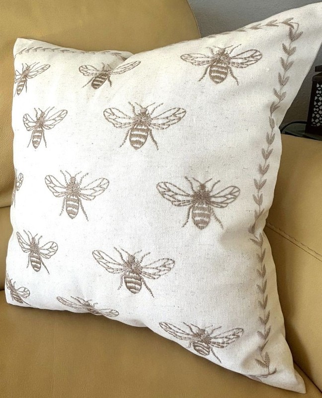 2 Sizes Off-White Beige Taupe Rustic Farmhouse Embroidered Bee Pillow Cover New gallery
