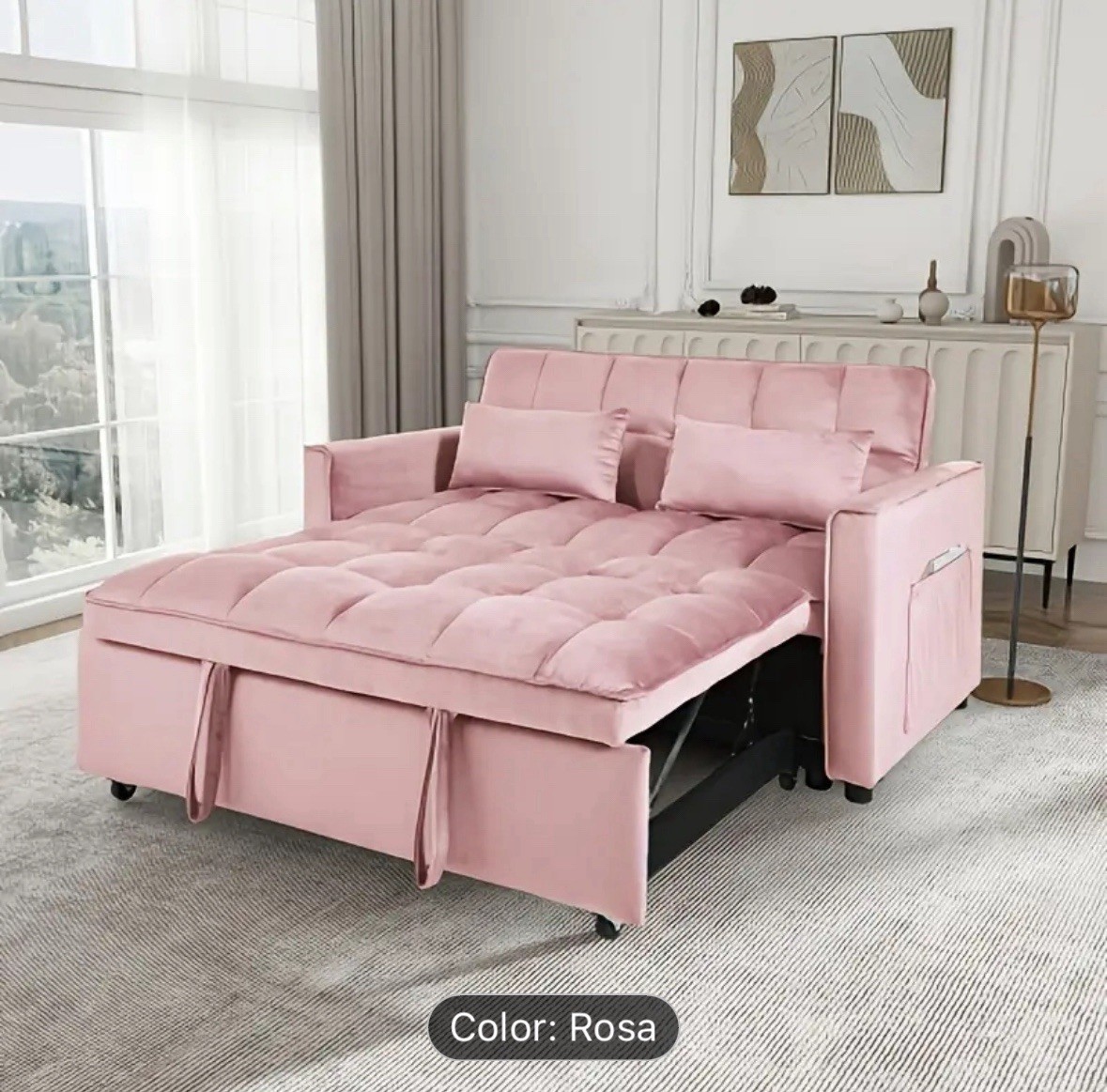 Pink Convertible Sofa Bed with Storage Modern Velvet Loveseat Sleeper Couch, gallery