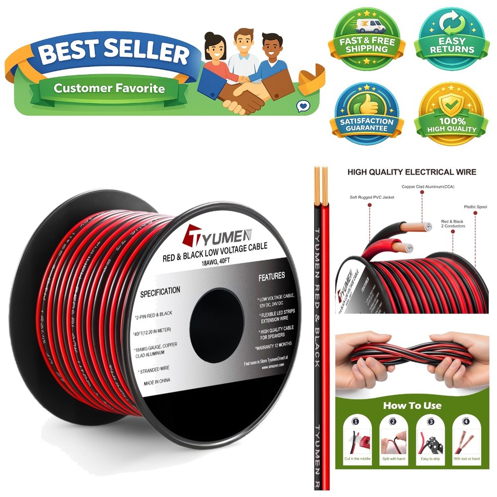 40FT 18 Gauge Hookup Cable - Ideal for 12V/24V LED Light Applications