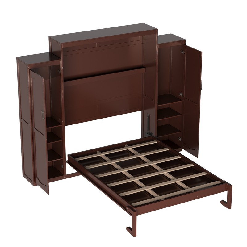 Queen Size Murphy Bed Wooden Wall Bed with 2 Wardrobe and Storage Shelf Foldable gallery