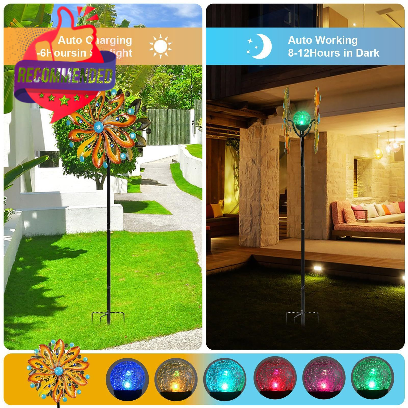 Solar Wind Spinner 75in Kinetic Yard Garden Iron Glass Ball Light Gradient Brown gallery