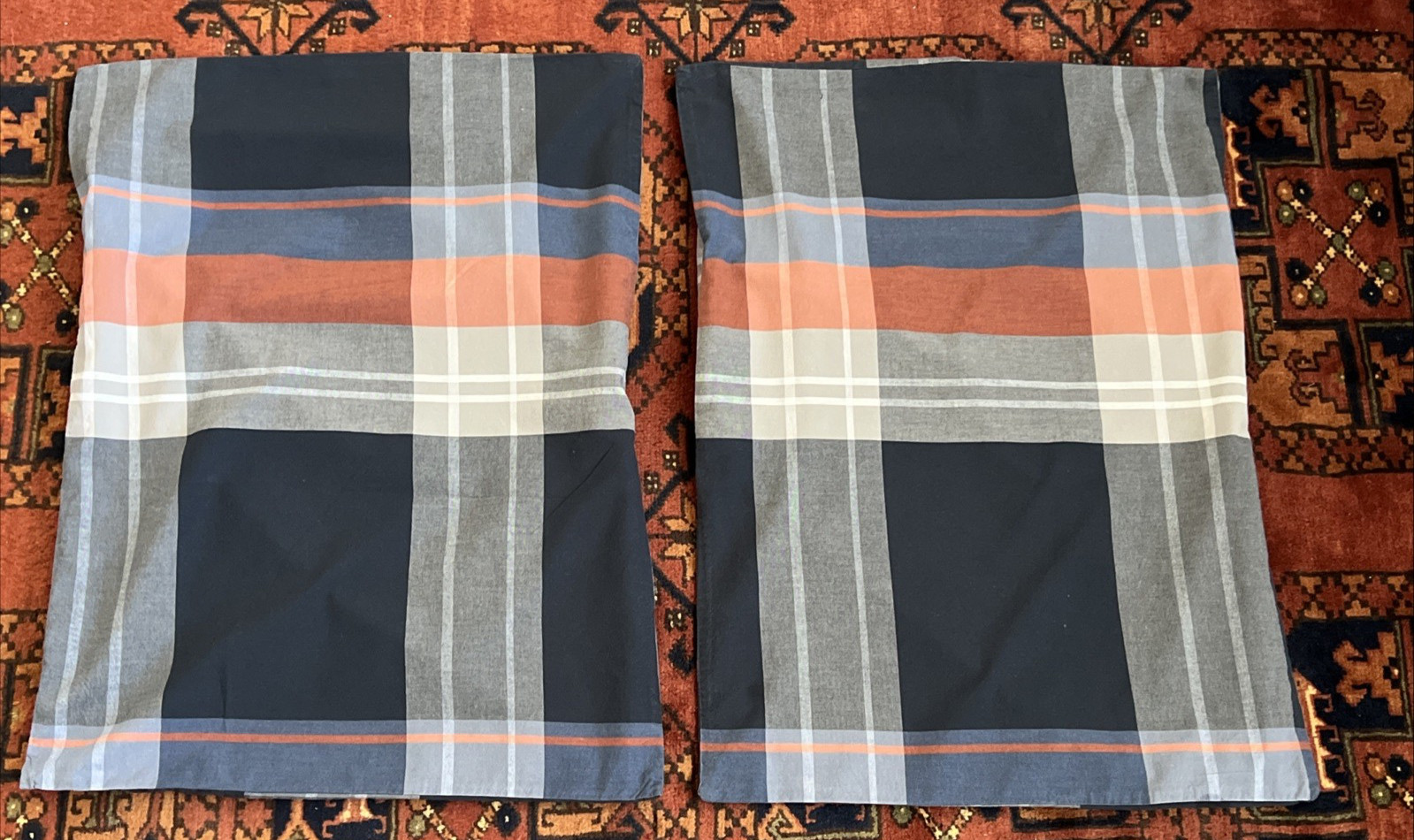 POTTERY BARN TEEN ~ Two (2) Walker Plaid Pillow Shams 19"x 25" ~ Rust & Blue gallery