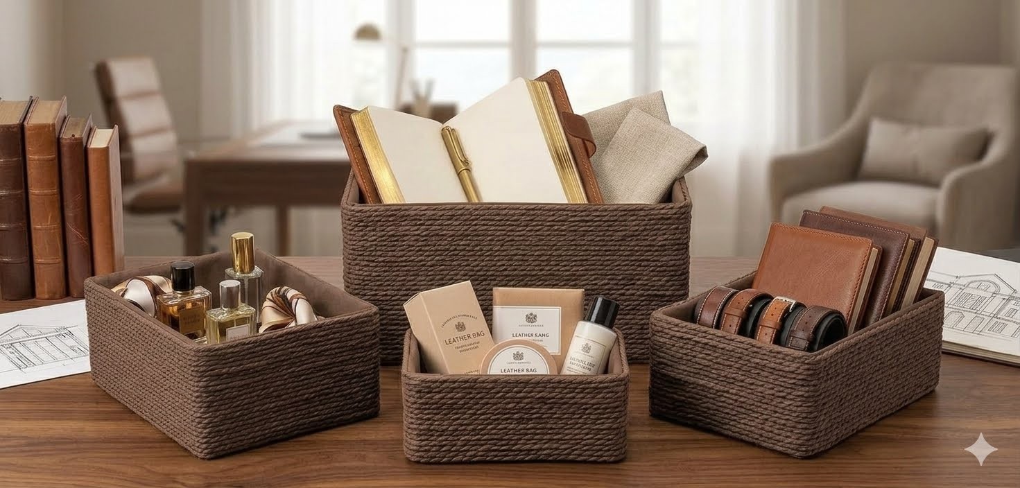 4 Pack Woven Storage Baskets Paper Rope Basket Set Closet Organizer Bins Brown gallery