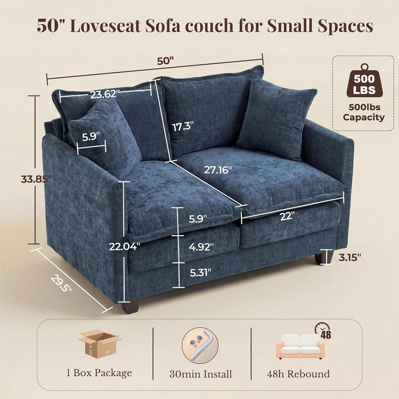 Loveseat Sofa with Cloud 3-Layer Cushion & 27" Deep Seat, Modern Small Couch wit gallery
