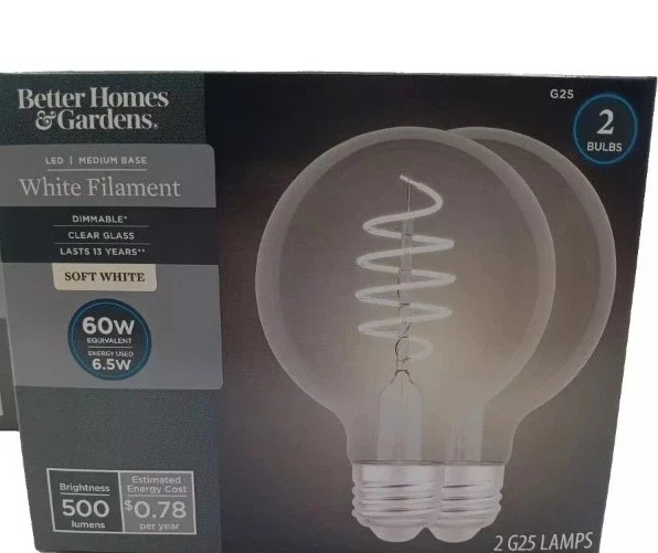 2 PK 60 Watt Soft White Better Homes & Gardens 6.5W 60w G25 DIMMABLE CLEAR gallery
