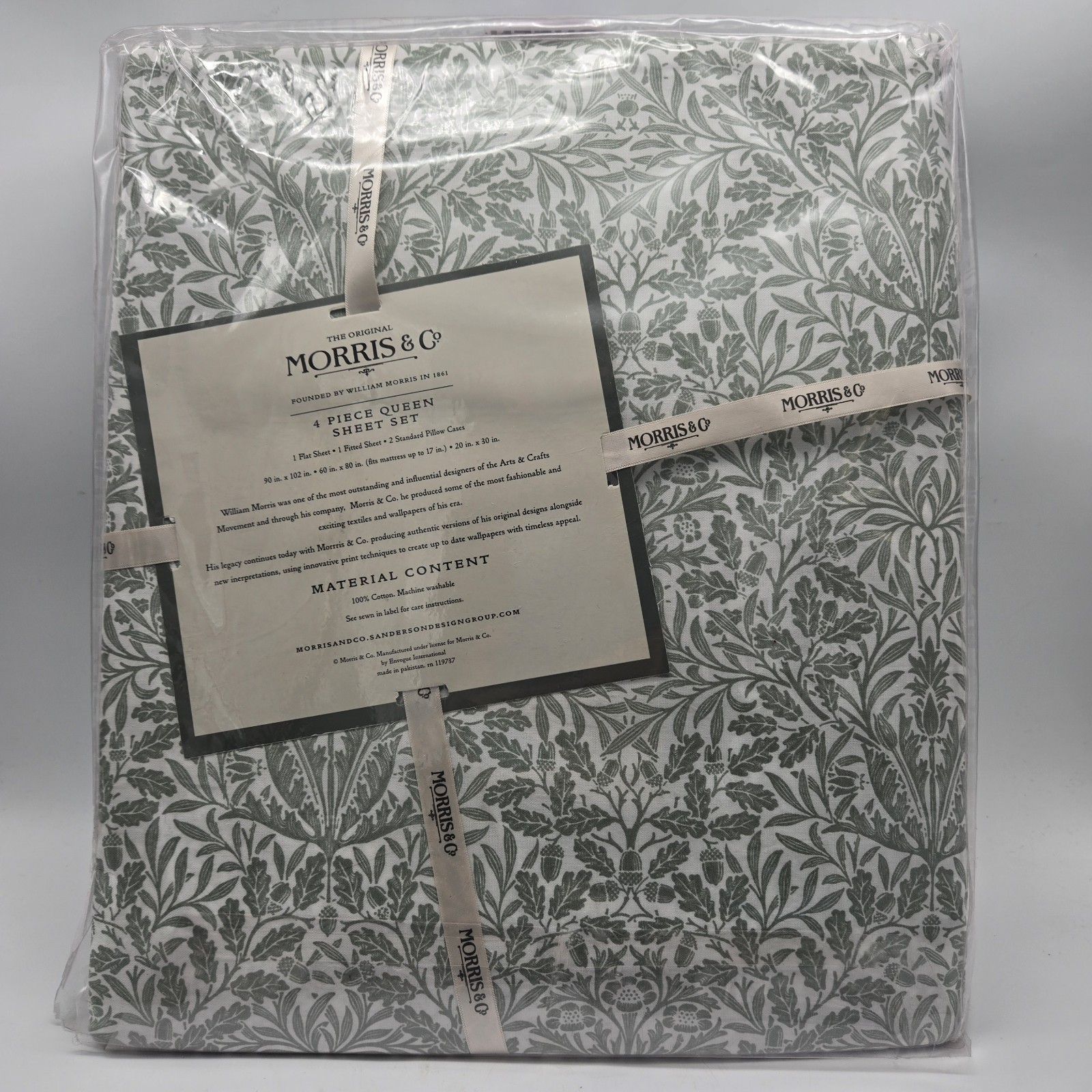 William Morris & Co Queen Green White Leaves Acorns Leaf Sheet Set 4Pc Cotton gallery