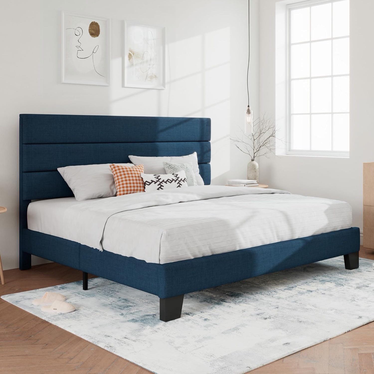 SHA CERLIN King Size Platform Bed Frame BLue- Uphostered Headboard gallery