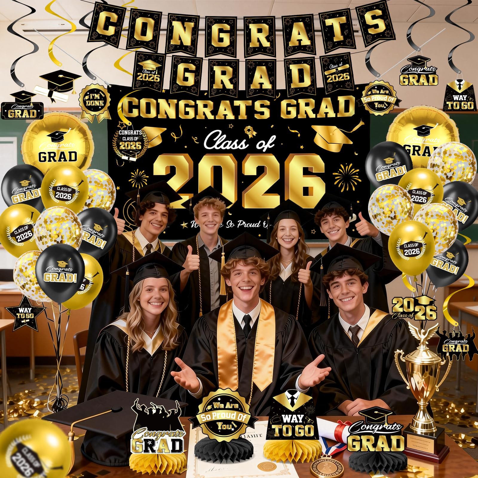 Class of 2026 Graduation Party Decor Kit Black Gold Banner Balloons Centerpieces gallery