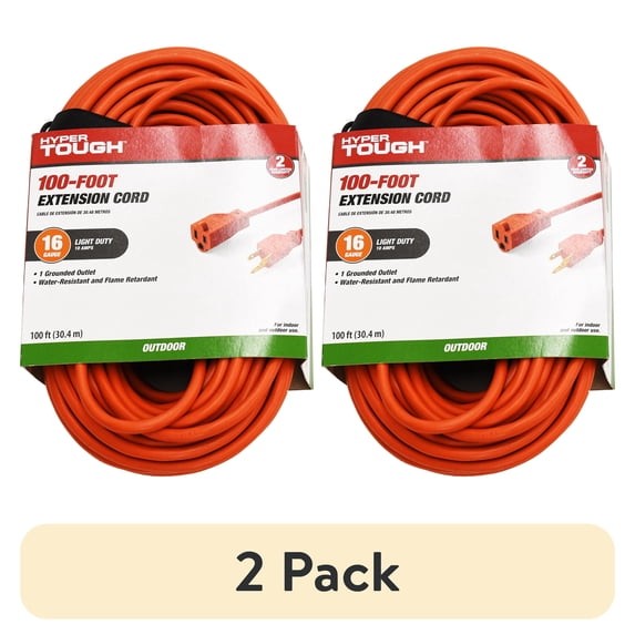 2 Pack Hyper Tough 100FT Outdoor Extension Cord 16AWG 3 Prong Orange Cord gallery